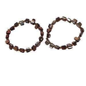 Boho Brown Gold Iridescent Beaded Stretch Bracelets Fashion Jewelry Set of 2